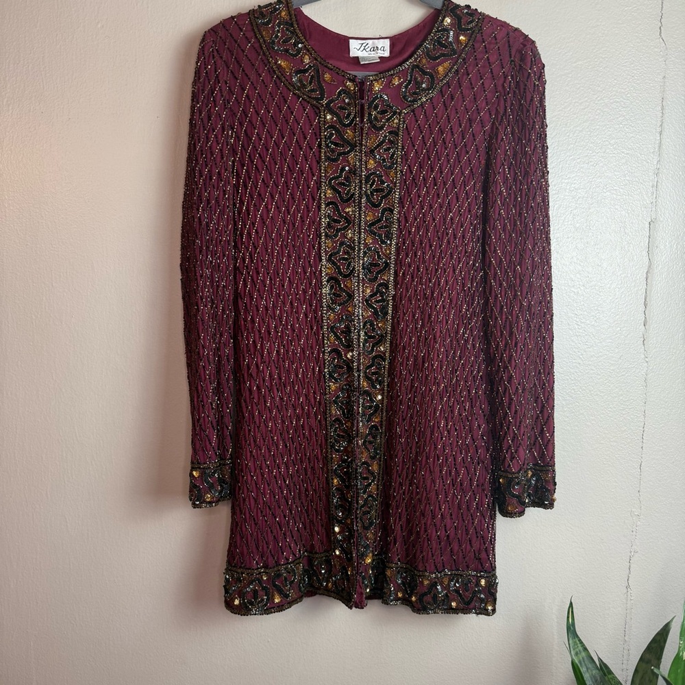 J Kara New York Vintage Burgundy Beaded Silk Jacket Sz M